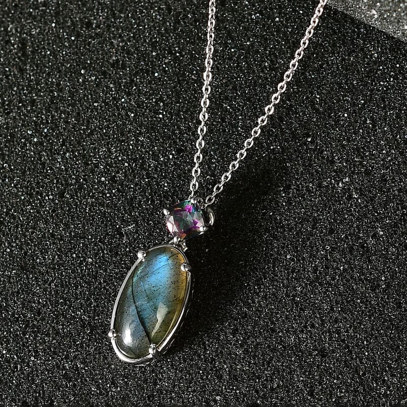 Malagasy Labradorite and Northern Lights Mystic Topaz Pendant Necklace 20 Inches in Platinum Over Sterling Silver 6.00 ctw