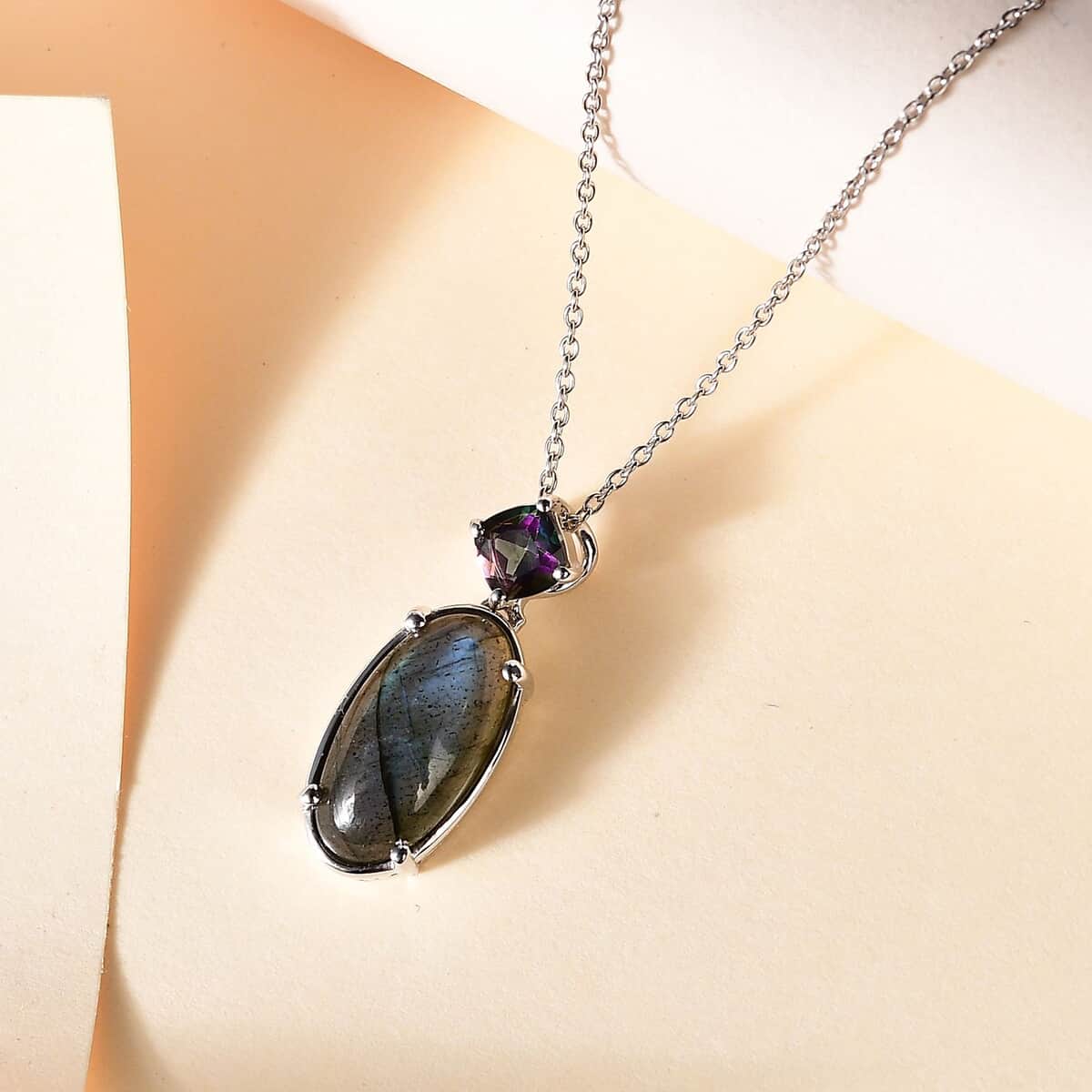 Malagasy Labradorite and Northern Lights Mystic Topaz Pendant Necklace 20 Inches in Platinum Over Sterling Silver 6.00 ctw image number 2