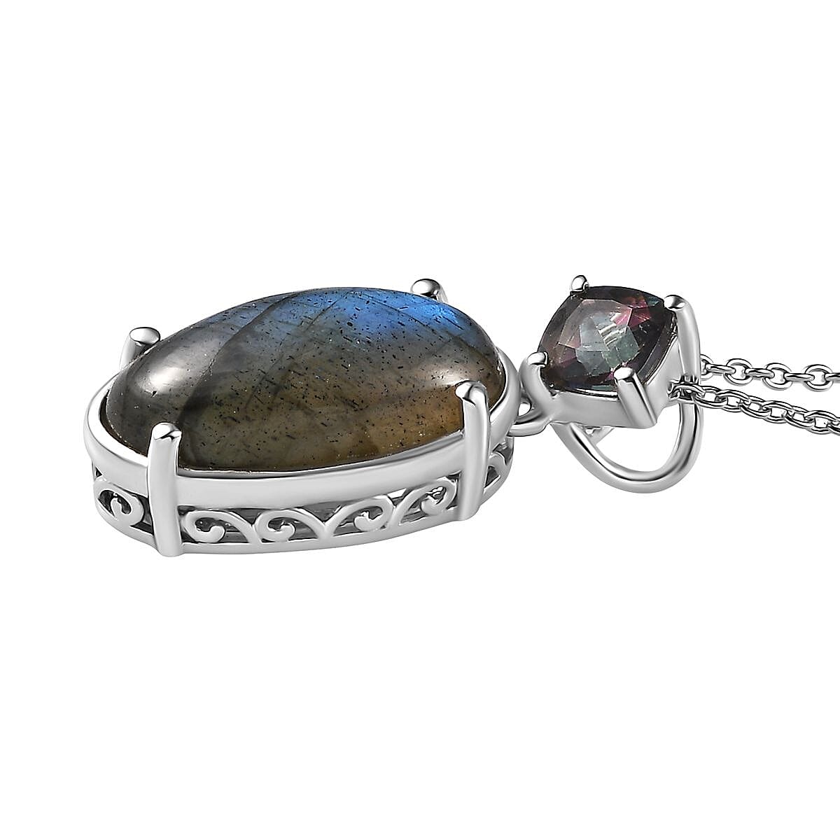Malagasy Labradorite and Northern Lights Mystic Topaz Pendant Necklace 20 Inches in Platinum Over Sterling Silver 6.00 ctw