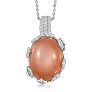 Peach Moonstone and White Zircon Celestial Pendant Necklace 20 Inches in Platinum Over Sterling Silver 10.90 ctw