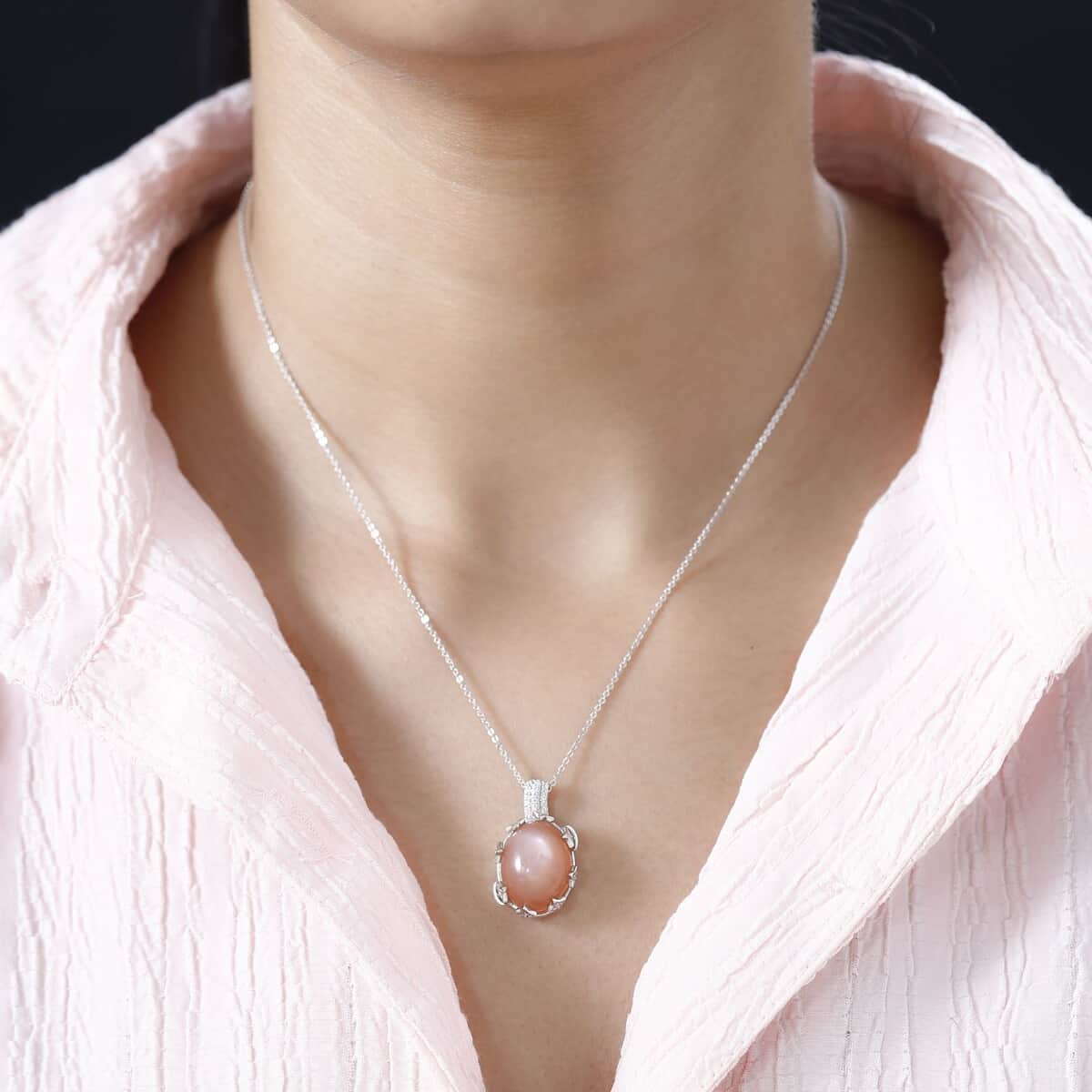 Peach Moonstone and White Zircon Celestial Pendant Necklace 20 Inches in Platinum Over Sterling Silver 10.90 ctw image number 2