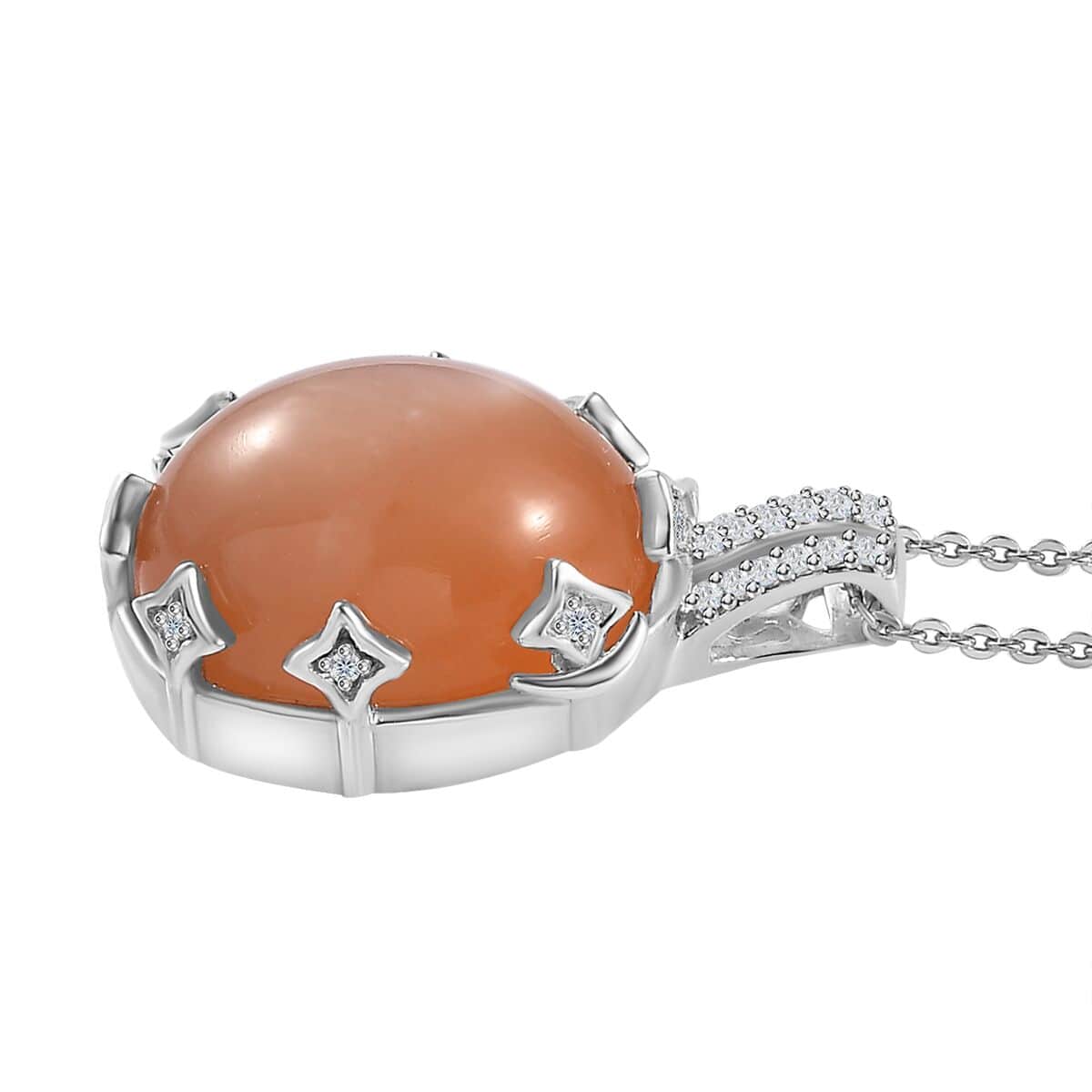 Peach Moonstone and White Zircon Celestial Pendant Necklace 20 Inches in Platinum Over Sterling Silver 10.90 ctw image number 3