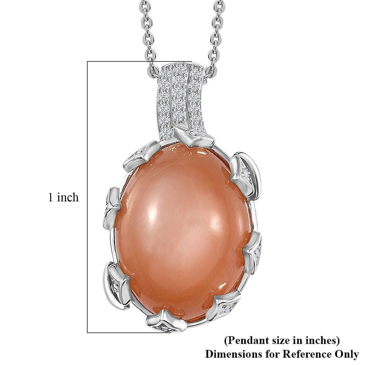 Peach Moonstone and White Zircon Celestial Pendant Necklace 20 Inches in Platinum Over Sterling Silver 10.90 ctw