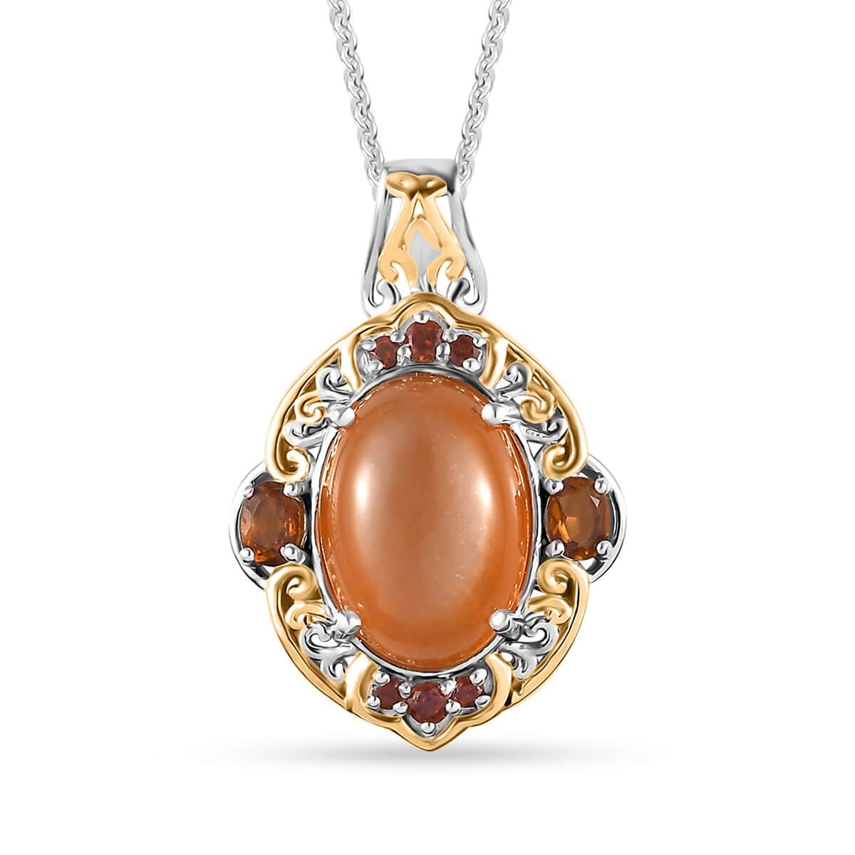 Peach Moonstone and Multi Gemstone Pendant Necklace 20 Inches in Vermeil YG and Platinum Over Sterling Silver 6.80 ctw image number 0