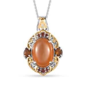Peach Moonstone and Multi Gemstone Pendant Necklace 20 Inches in Vermeil YG and Platinum Over Sterling Silver 6.80 ctw