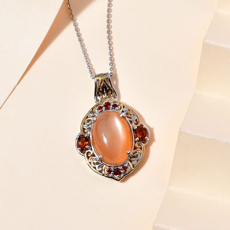 Peach Moonstone and Multi Gemstone Pendant Necklace 20 Inches in Vermeil YG and Platinum Over Sterling Silver 6.80 ctw