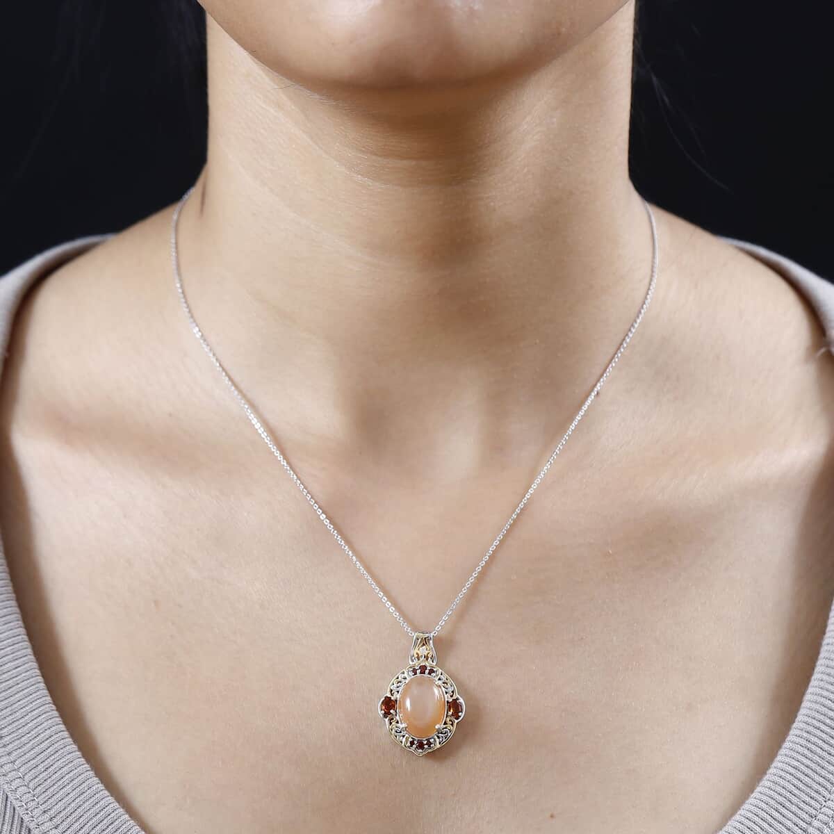 Peach Moonstone and Multi Gemstone Pendant Necklace 20 Inches in Vermeil YG and Platinum Over Sterling Silver 6.80 ctw image number 2