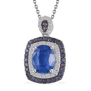 Kashmir Kyanite and Multi Gemstone Double Halo Pendant Necklace 20 Inches in Platinum Over Sterling Silver 4.15 ctw