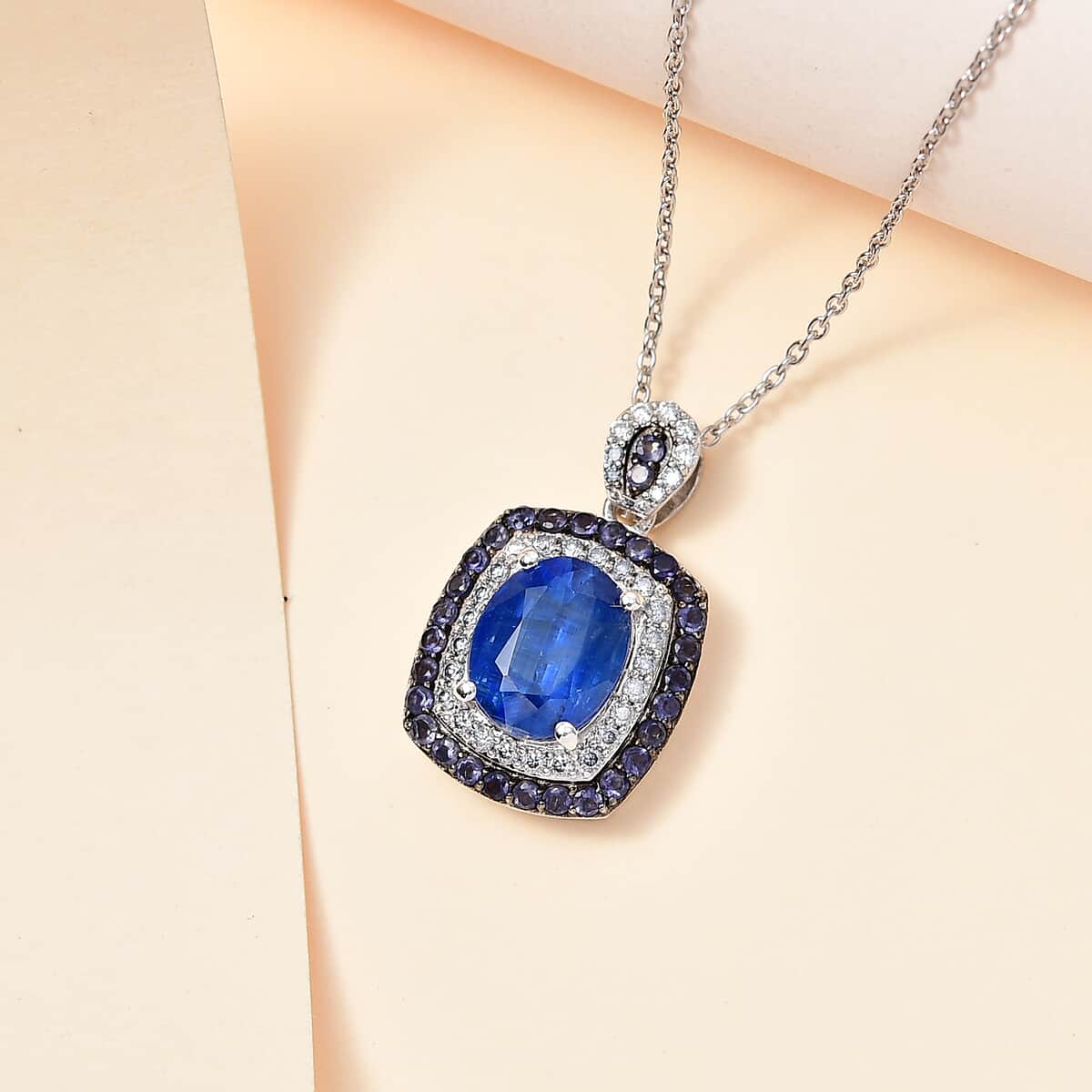 Kashmir Kyanite and Multi Gemstone Double Halo Pendant Necklace 20 Inches in Platinum Over Sterling Silver 4.15 ctw image number 1