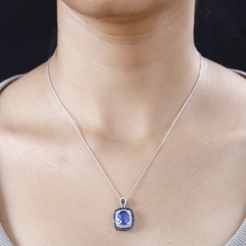 Kashmir Kyanite and Multi Gemstone Double Halo Pendant Necklace 20 Inches in Platinum Over Sterling Silver 4.15 ctw