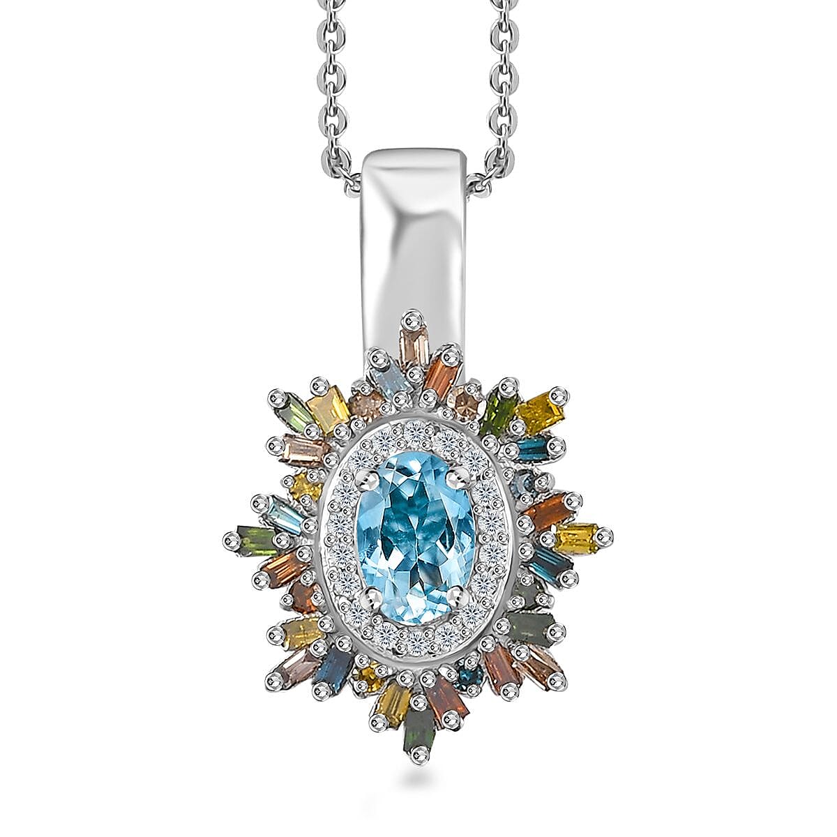Santa Maria Aquamarine and Multi Diamond Sunburst Pendant Necklace 20 Inches in Platinum Over Sterling Silver 0.75 ctw