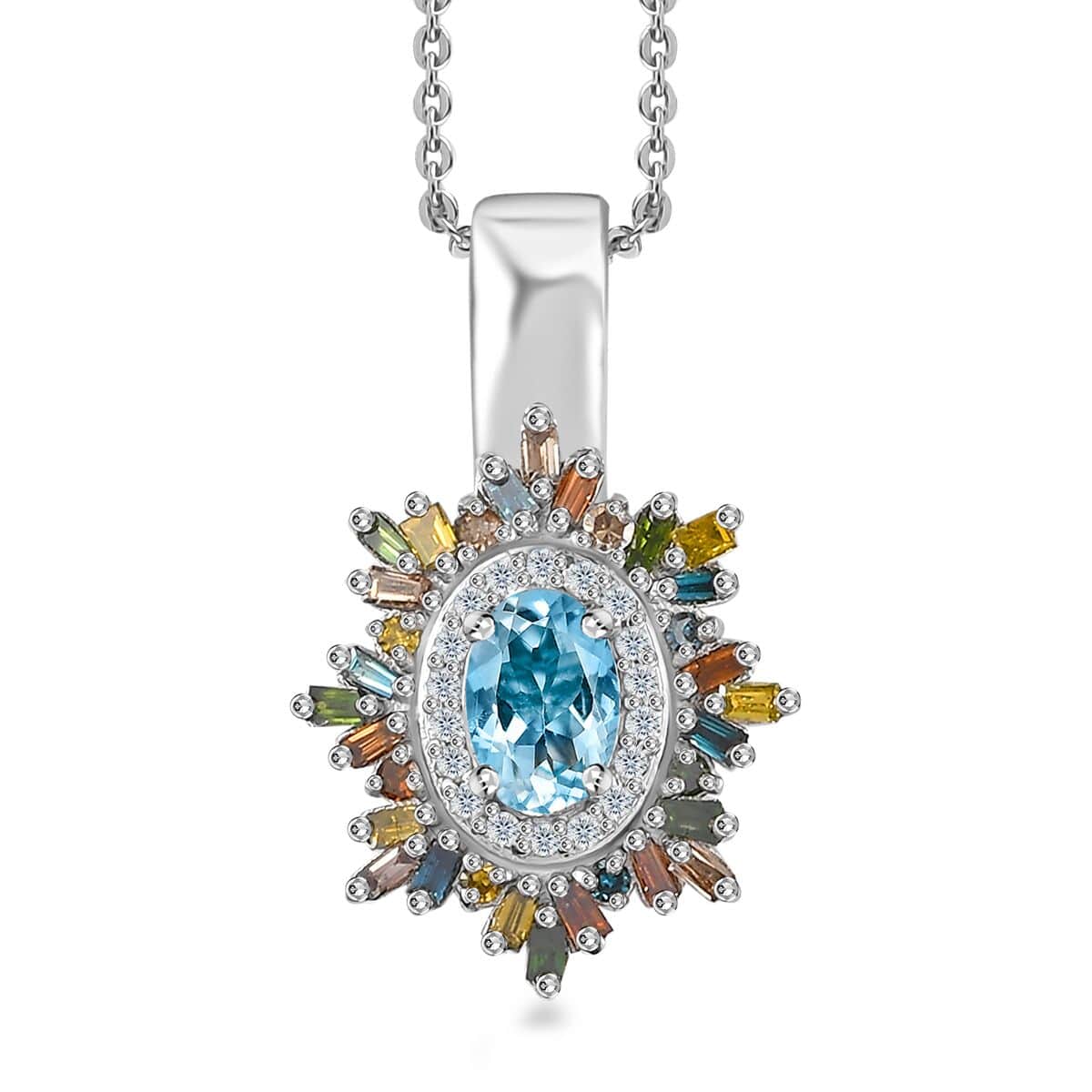 Santa Maria Aquamarine and Multi Diamond Sunburst Pendant Necklace 20 Inches in Platinum Over Sterling Silver 0.75 ctw image number 0