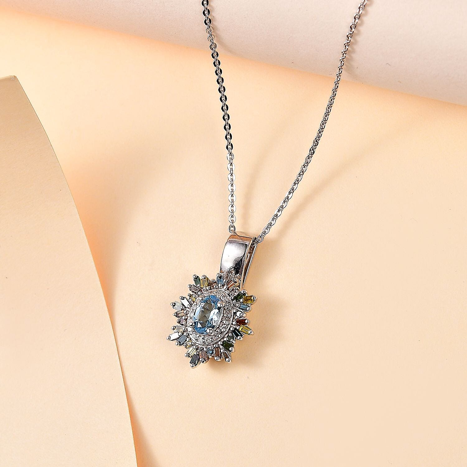 Santa Maria Aquamarine and Multi Diamond Sunburst Pendant Necklace 20 Inches in Platinum Over Sterling Silver 0.75 ctw
