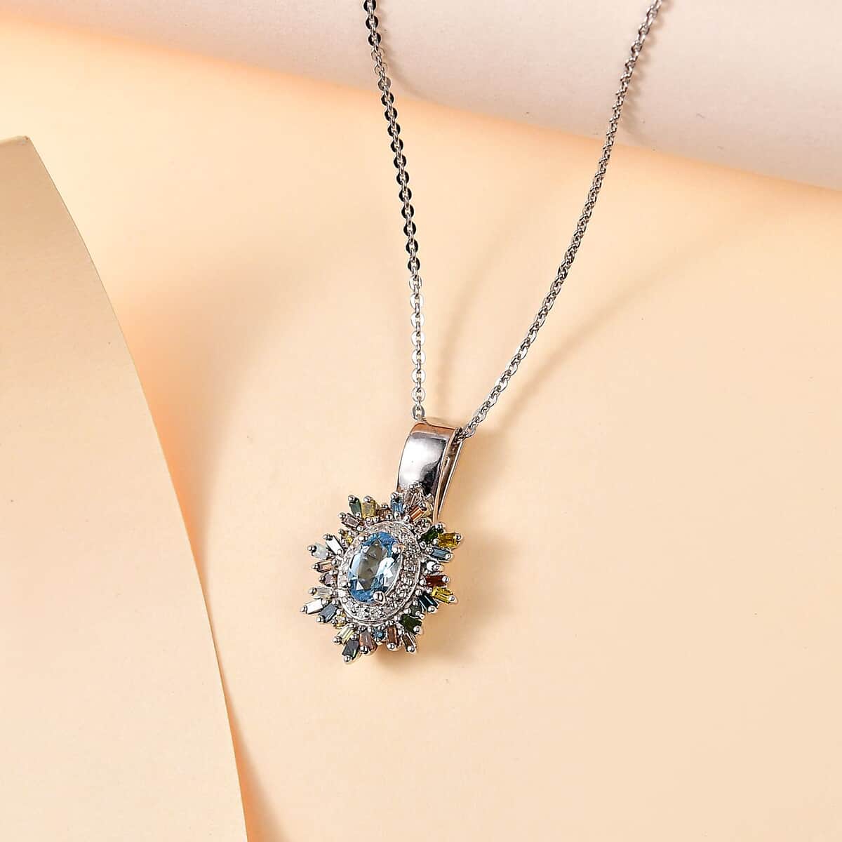 Santa Maria Aquamarine and Multi Diamond Sunburst Pendant Necklace 20 Inches in Platinum Over Sterling Silver 0.75 ctw image number 1