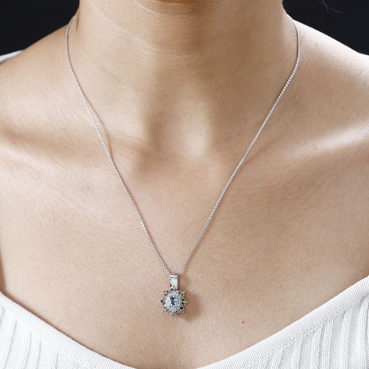 Santa Maria Aquamarine and Multi Diamond Sunburst Pendant Necklace 20 Inches in Platinum Over Sterling Silver 0.75 ctw