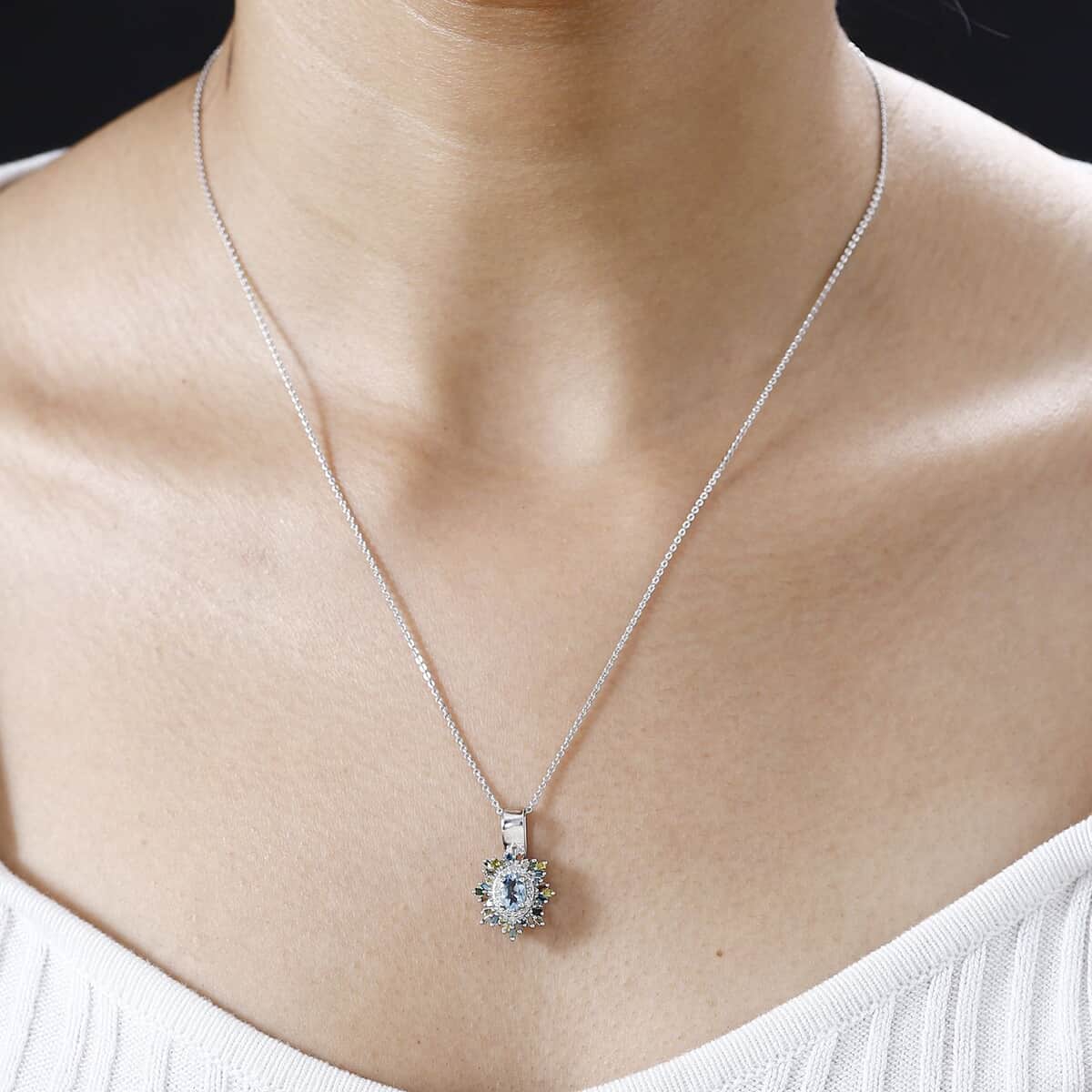 Santa Maria Aquamarine and Multi Diamond Sunburst Pendant Necklace 20 Inches in Platinum Over Sterling Silver 0.75 ctw image number 2