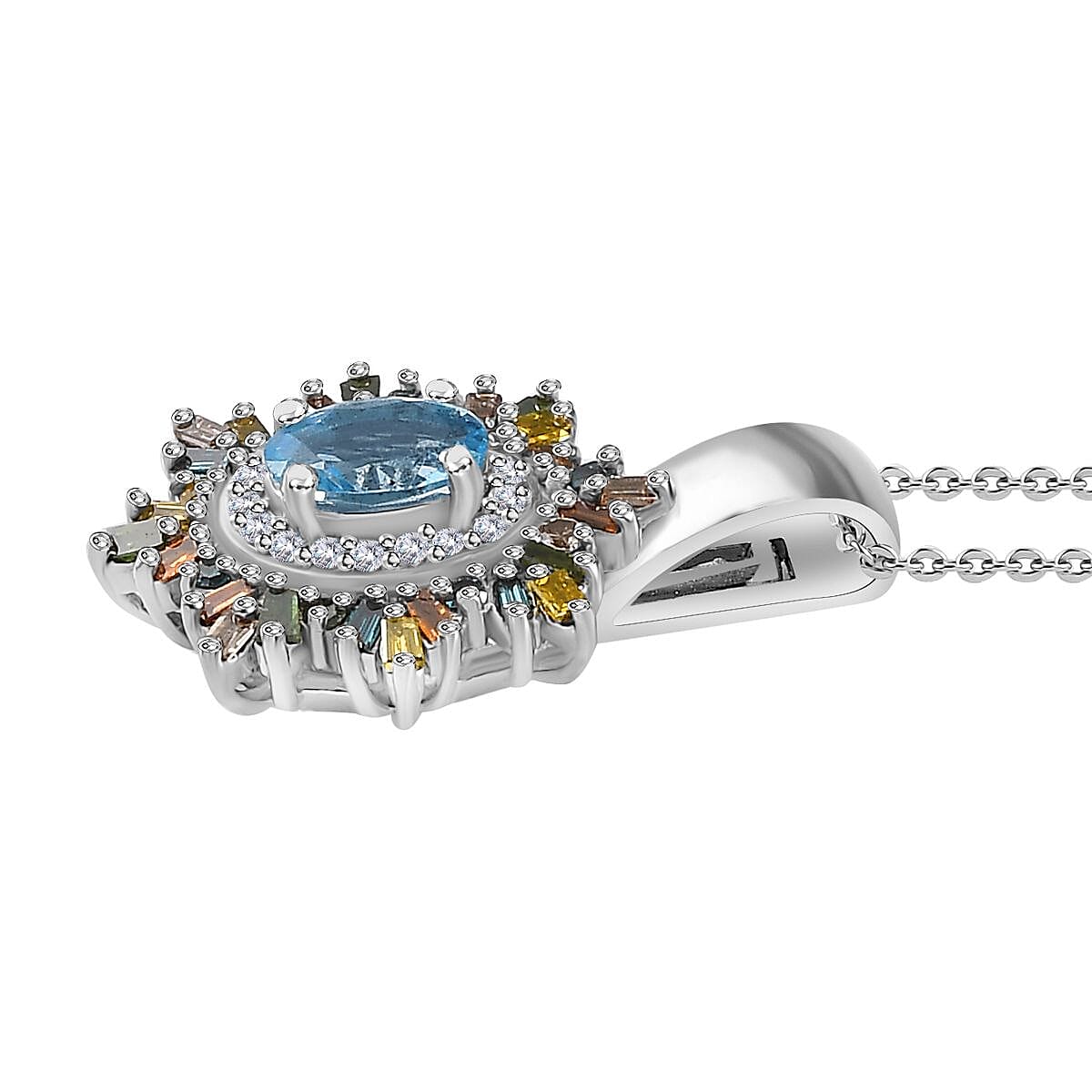 Santa Maria Aquamarine and Multi Diamond Sunburst Pendant Necklace 20 Inches in Platinum Over Sterling Silver 0.75 ctw