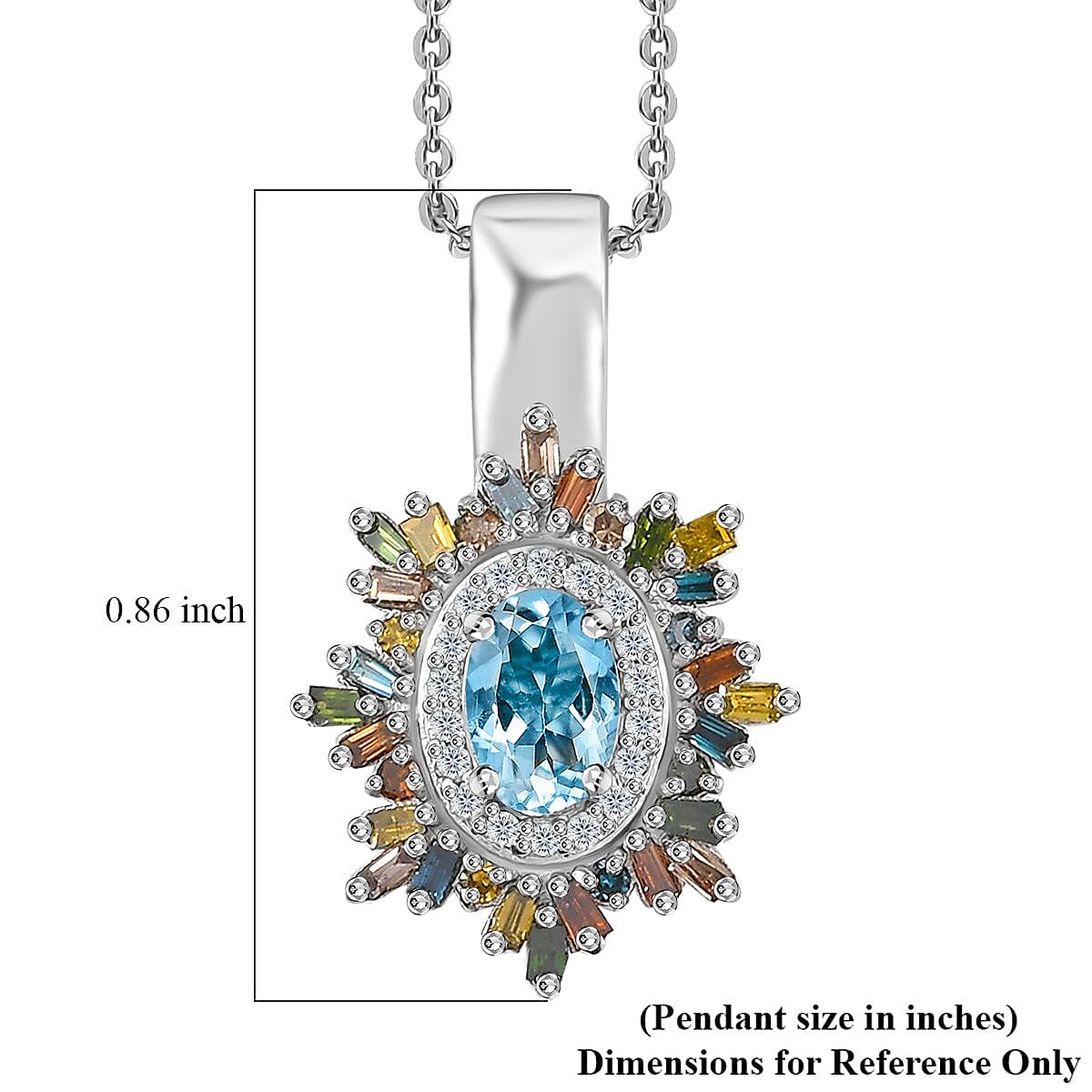 Santa Maria Aquamarine and Multi Diamond Sunburst Pendant Necklace 20 Inches in Platinum Over Sterling Silver 0.75 ctw