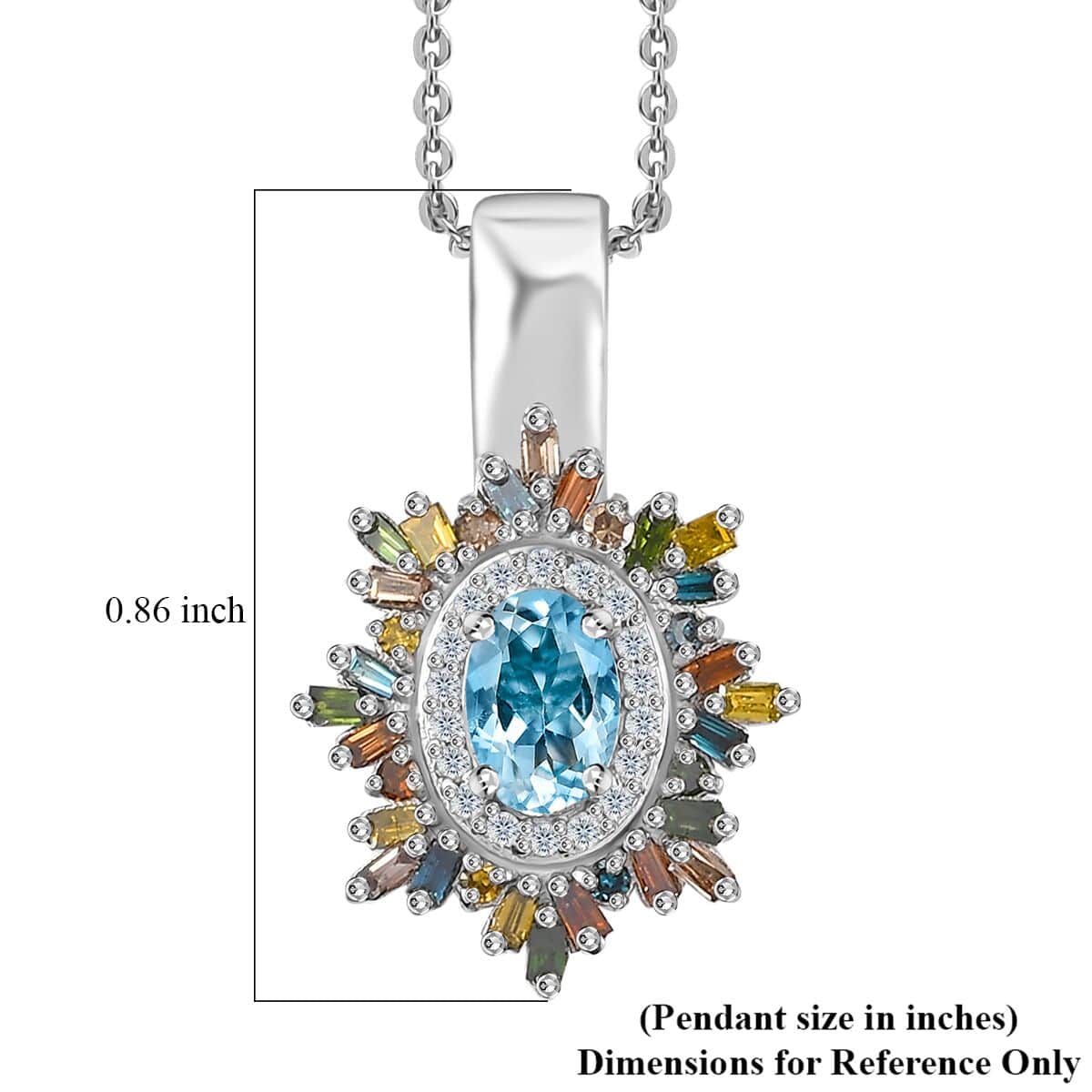 Santa Maria Aquamarine and Multi Diamond Sunburst Pendant Necklace 20 Inches in Platinum Over Sterling Silver 0.75 ctw image number 6