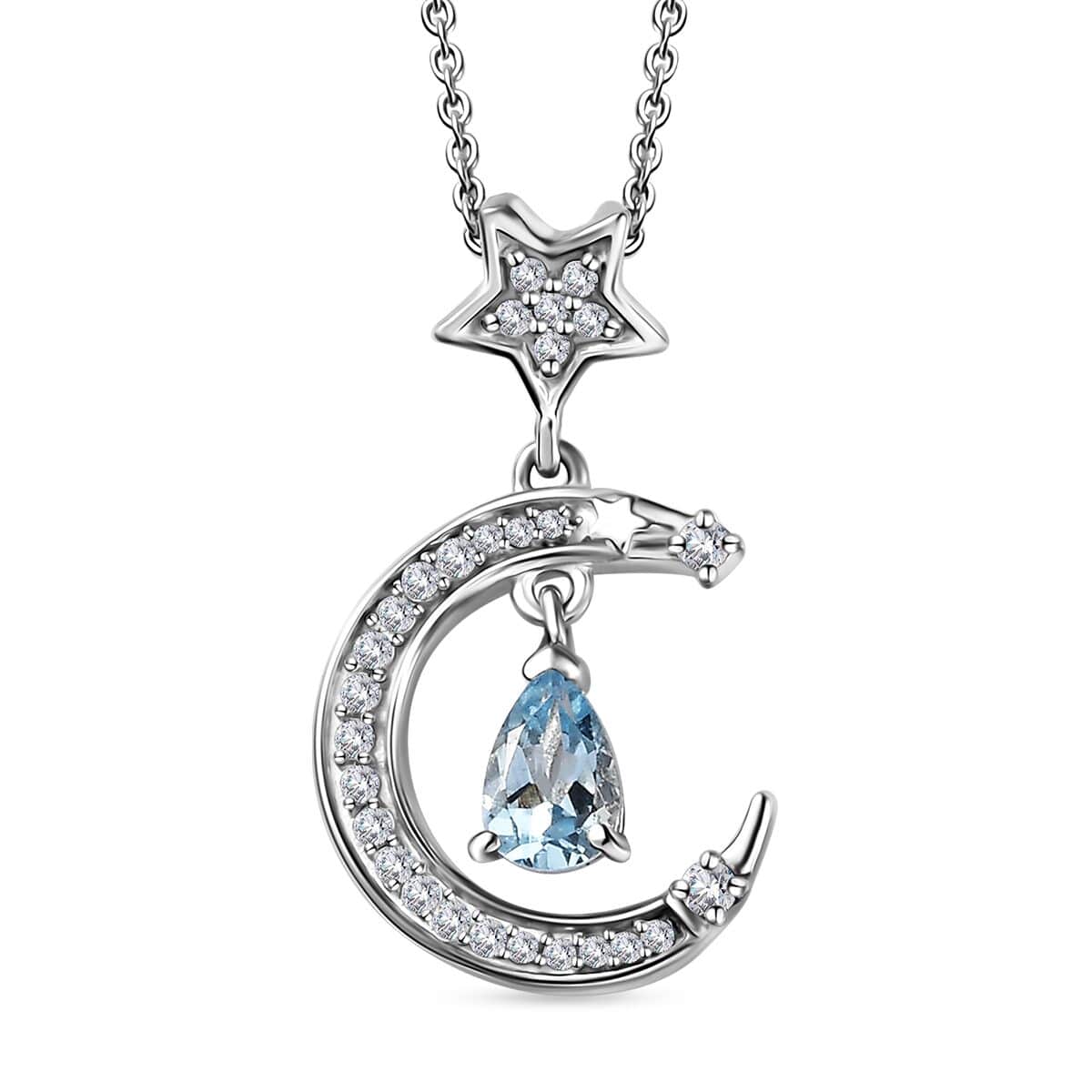 Santa Maria Aquamarine and White Zircon Celestial Pendant Necklace 20 Inches in Platinum Over Sterling Silver 0.65 ctw image number 0