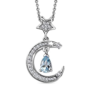 Santa Maria Aquamarine and White Zircon Celestial Pendant Necklace 20 Inches in Platinum Over Sterling Silver 0.65 ctw
