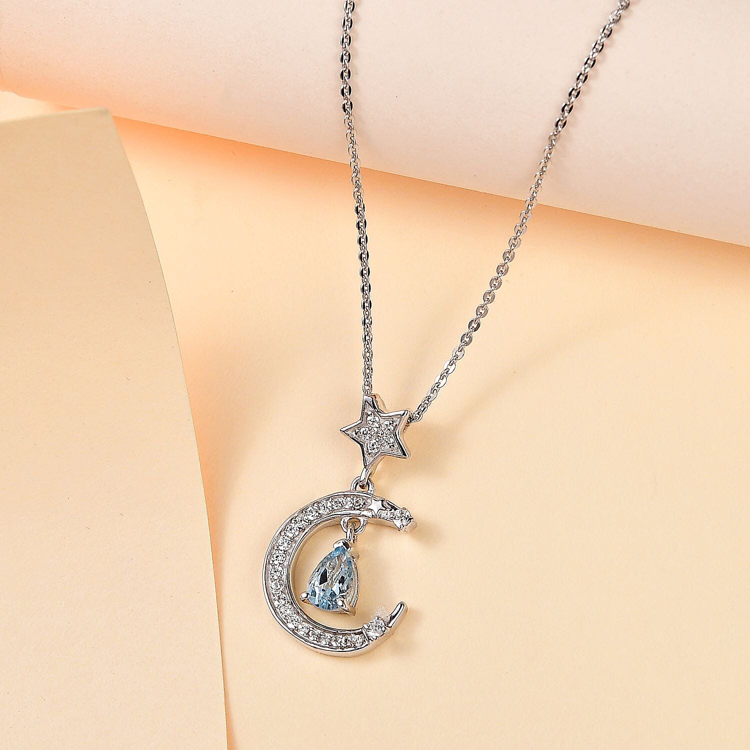 Santa Maria Aquamarine and White Zircon Celestial Pendant Necklace 20 Inches in Platinum Over Sterling Silver 0.65 ctw