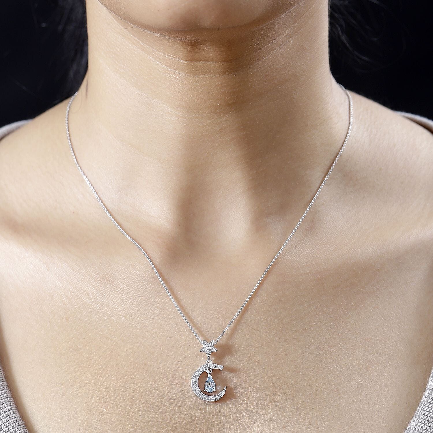Santa Maria Aquamarine and White Zircon Celestial Pendant Necklace 20 Inches in Platinum Over Sterling Silver 0.65 ctw