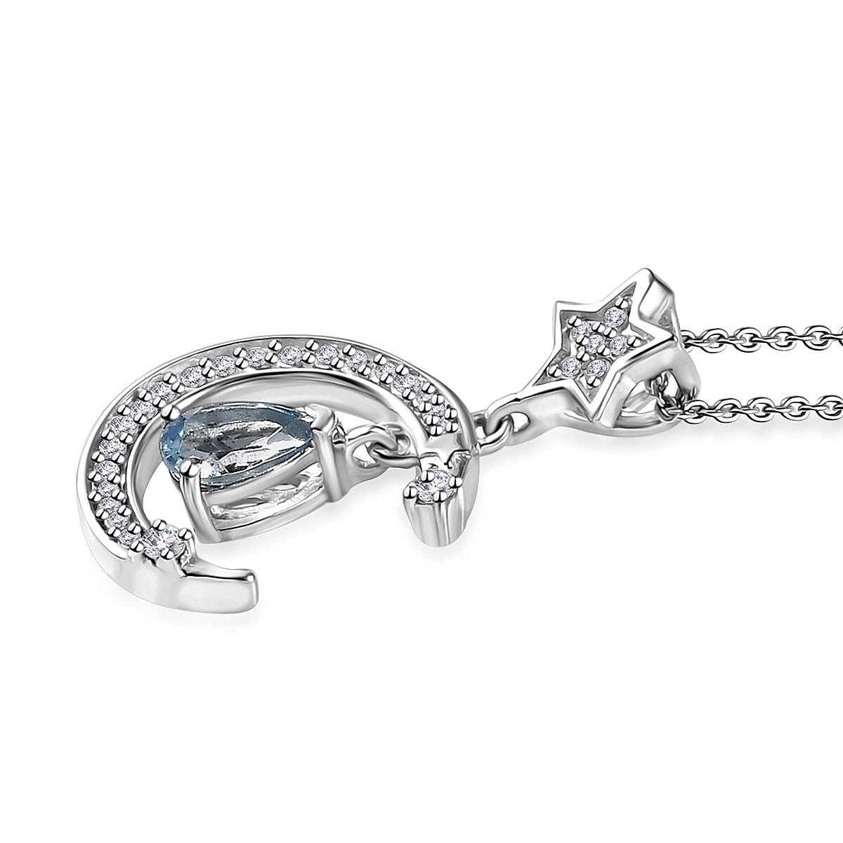 Santa Maria Aquamarine and White Zircon Celestial Pendant Necklace 20 Inches in Platinum Over Sterling Silver 0.65 ctw