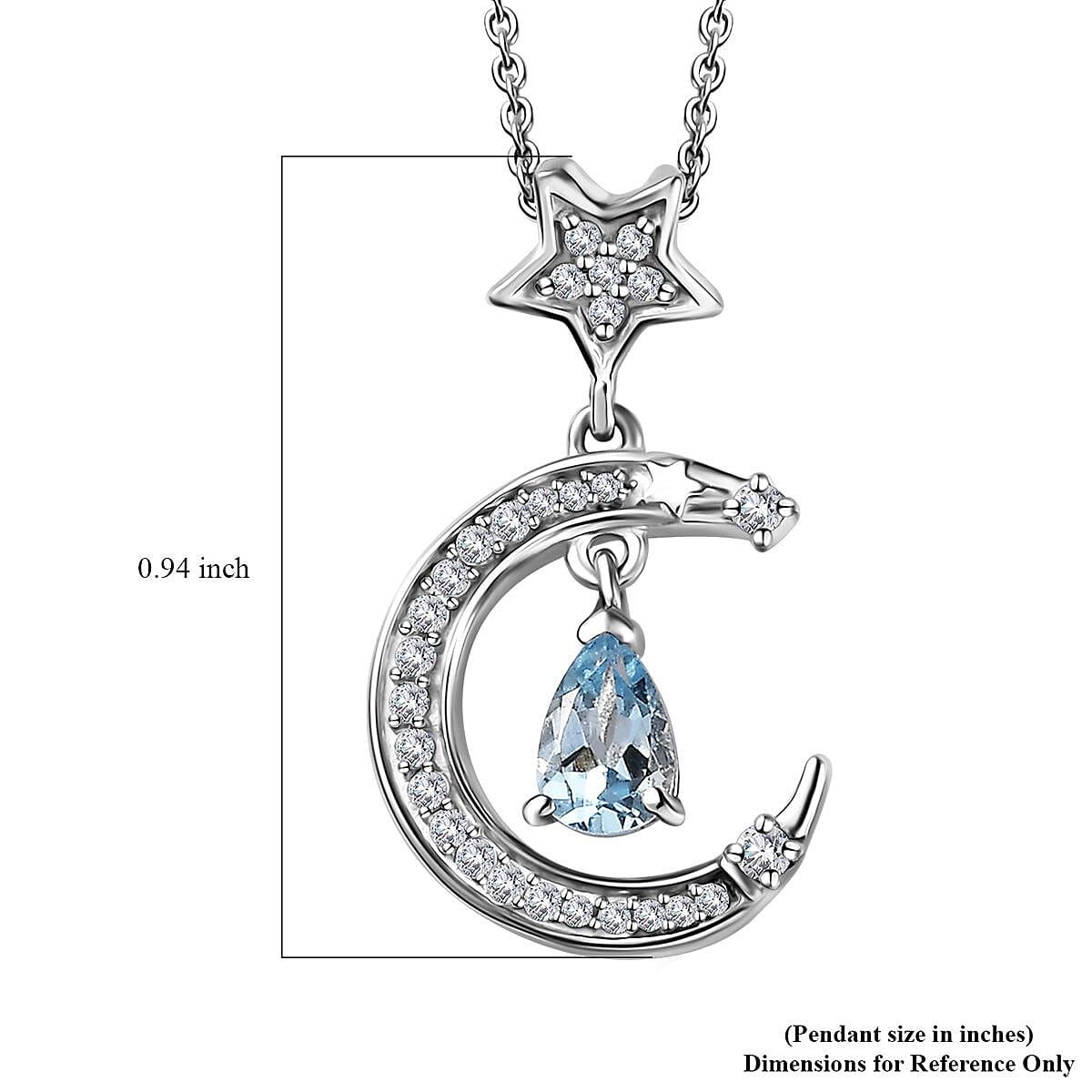 Santa Maria Aquamarine and White Zircon Celestial Pendant Necklace 20 Inches in Platinum Over Sterling Silver 0.65 ctw