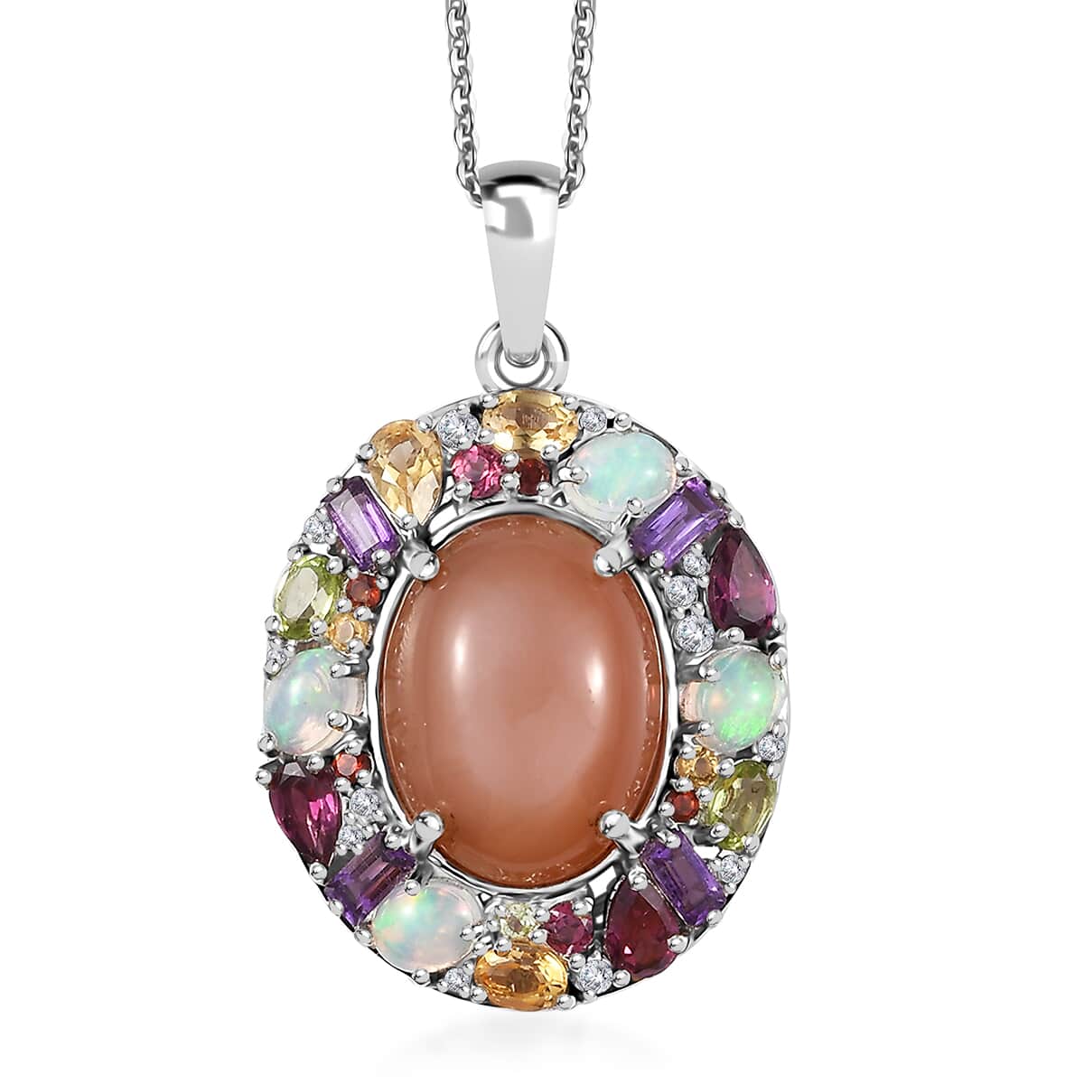 Peach Moonstone and Multi Gemstone Graffiti Pendant Necklace 20 Inches in Platinum Over Sterling Silver 14.15 ctw image number 0