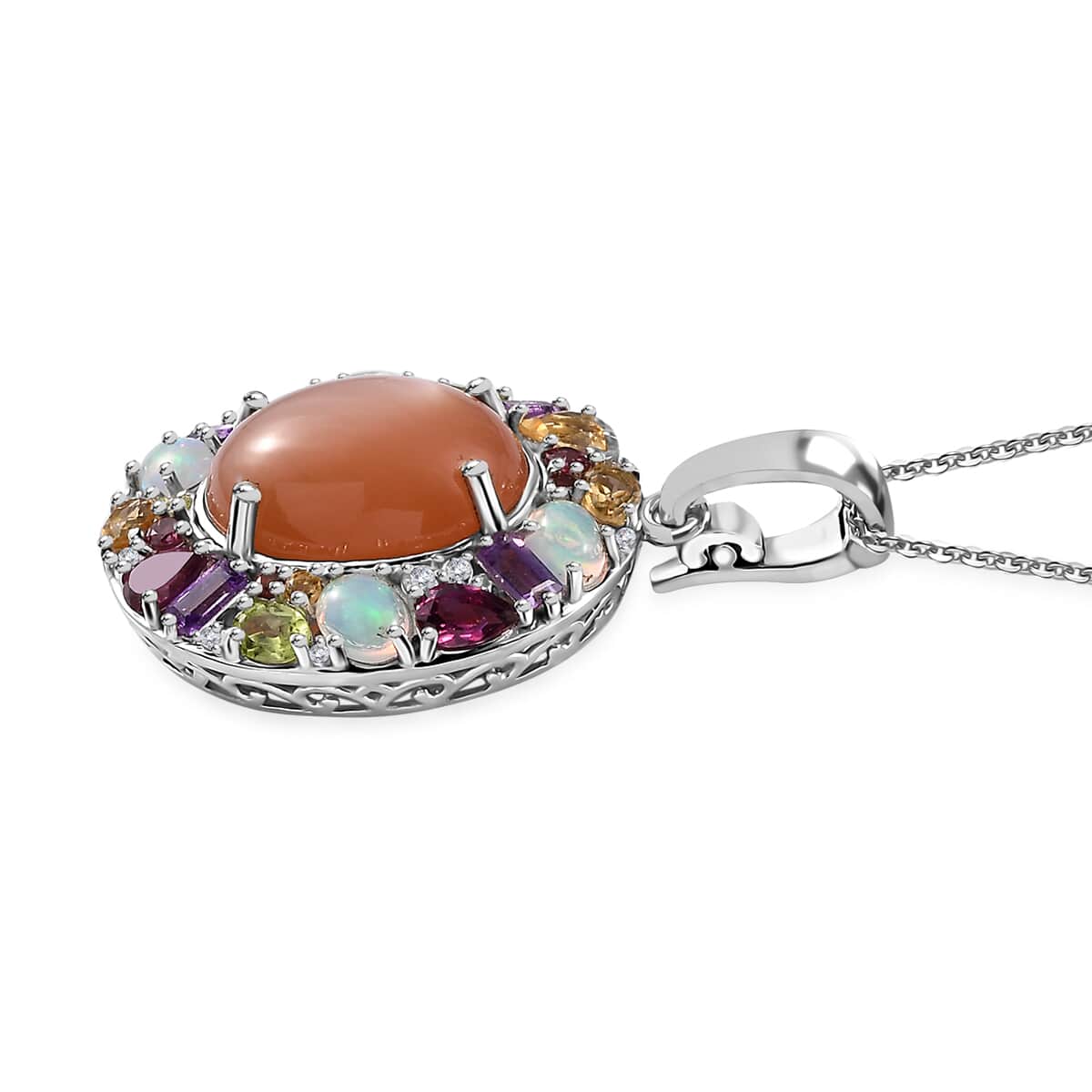 Peach Moonstone and Multi Gemstone Graffiti Pendant Necklace 20 Inches in Platinum Over Sterling Silver 14.15 ctw image number 3