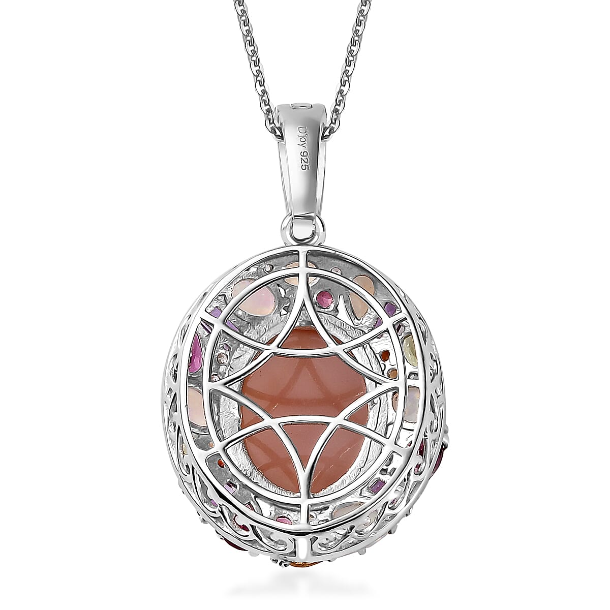 Peach Moonstone and Multi Gemstone Graffiti Pendant Necklace 20 Inches in Platinum Over Sterling Silver 14.15 ctw