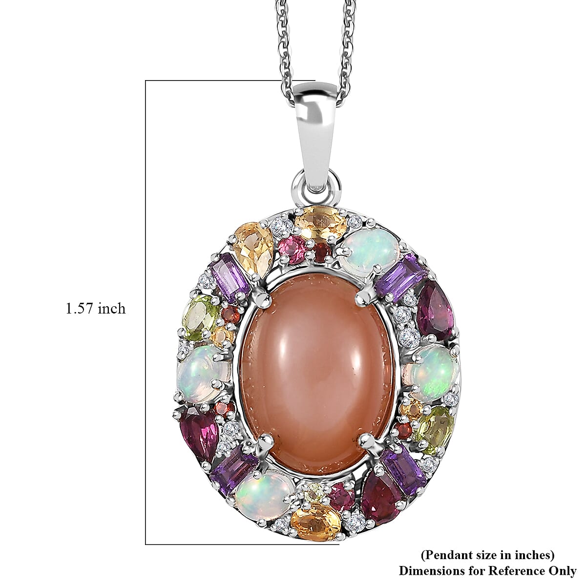 Peach Moonstone and Multi Gemstone Graffiti Pendant Necklace 20 Inches in Platinum Over Sterling Silver 14.15 ctw