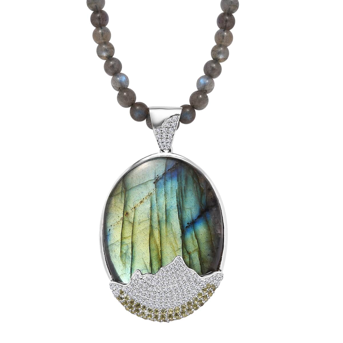 Malagasy Labradorite and Multi Gemstone Pendant with Beaded Necklace 20 Inches in Platinum Over Sterling Silver 121.40 ctw image number 0