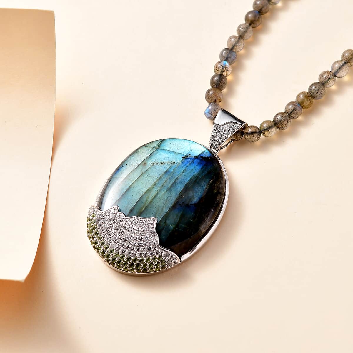 Malagasy Labradorite and Multi Gemstone Pendant with Beaded Necklace 20 Inches in Platinum Over Sterling Silver 121.40 ctw image number 1