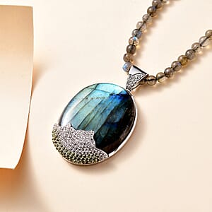 Malagasy Labradorite and Multi Gemstone Pendant with Beaded Necklace 20 Inches in Platinum Over Sterling Silver 121.40 ctw