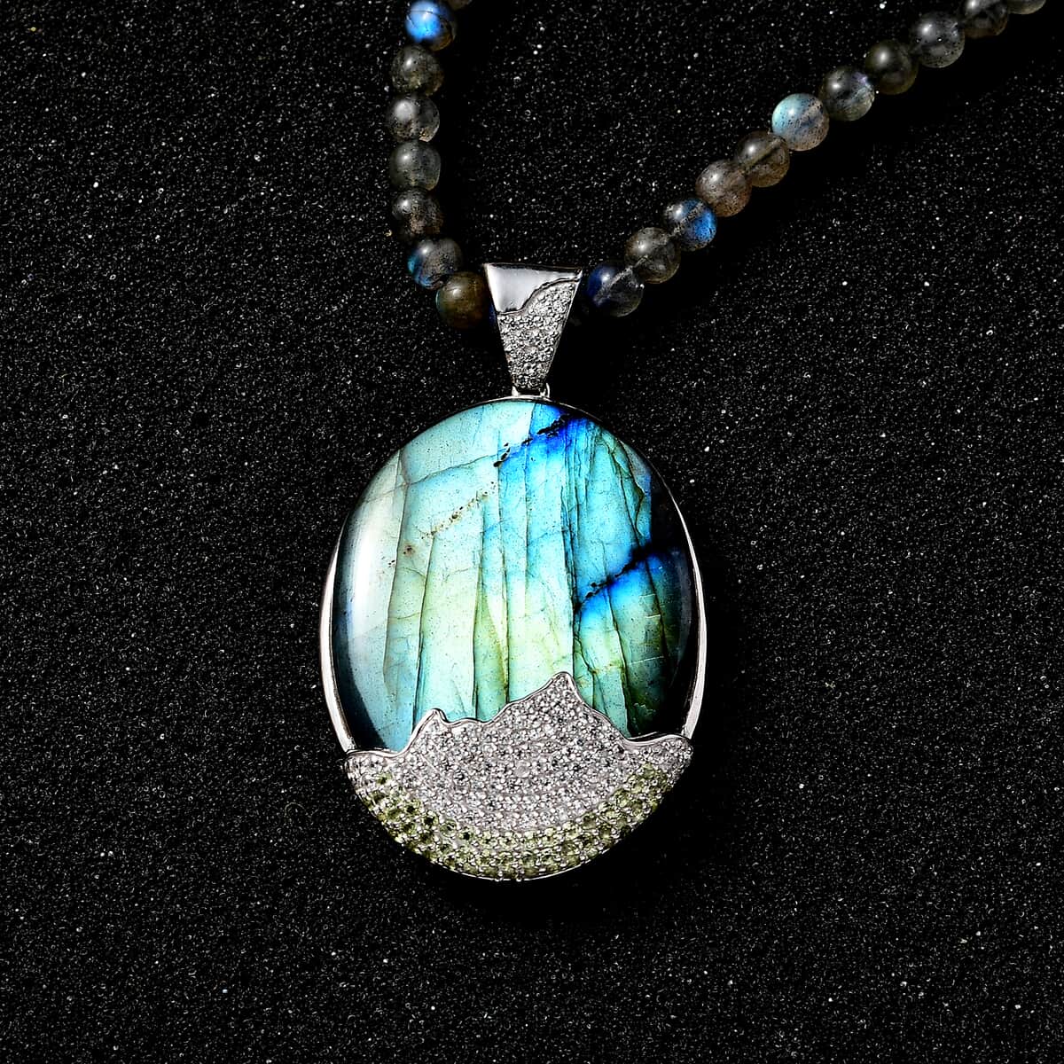Malagasy Labradorite and Multi Gemstone Pendant with Beaded Necklace 20 Inches in Platinum Over Sterling Silver 121.40 ctw image number 2