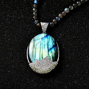 Malagasy Labradorite and Multi Gemstone Pendant with Beaded Necklace 20 Inches in Platinum Over Sterling Silver 121.40 ctw