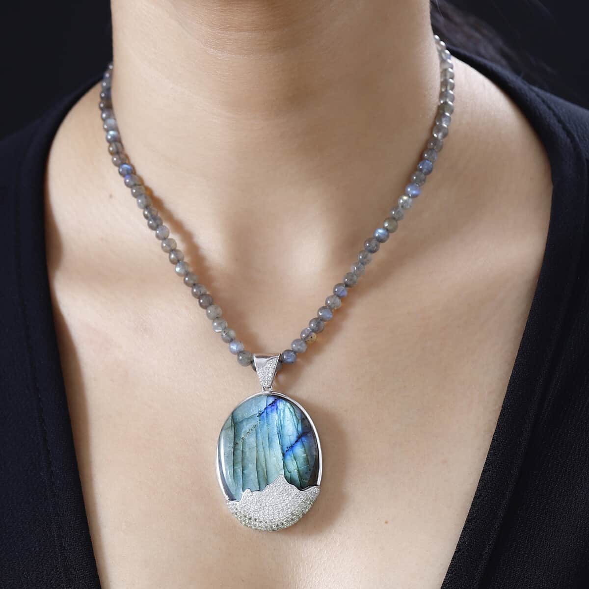 Malagasy Labradorite and Multi Gemstone Pendant with Beaded Necklace 20 Inches in Platinum Over Sterling Silver 121.40 ctw image number 3