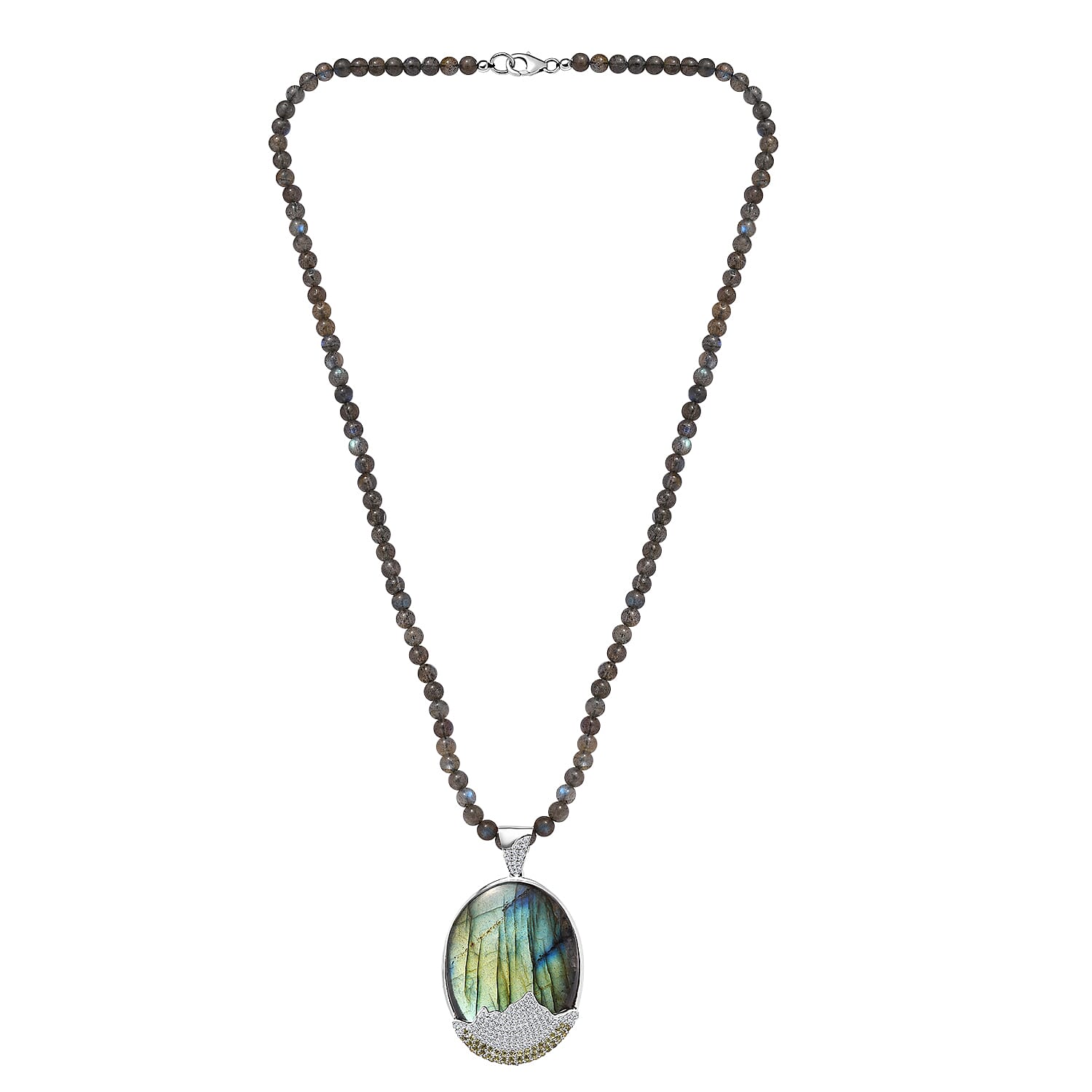 Malagasy Labradorite and Multi Gemstone Pendant with Beaded Necklace 20 Inches in Platinum Over Sterling Silver 121.40 ctw