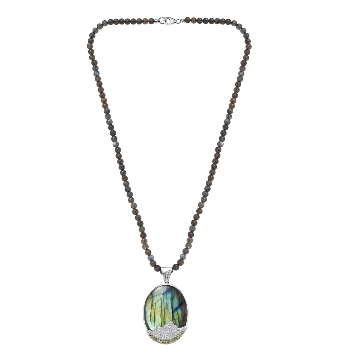 Malagasy Labradorite and Multi Gemstone Pendant with Beaded Necklace 20 Inches in Platinum Over Sterling Silver 121.40 ctw image number 4