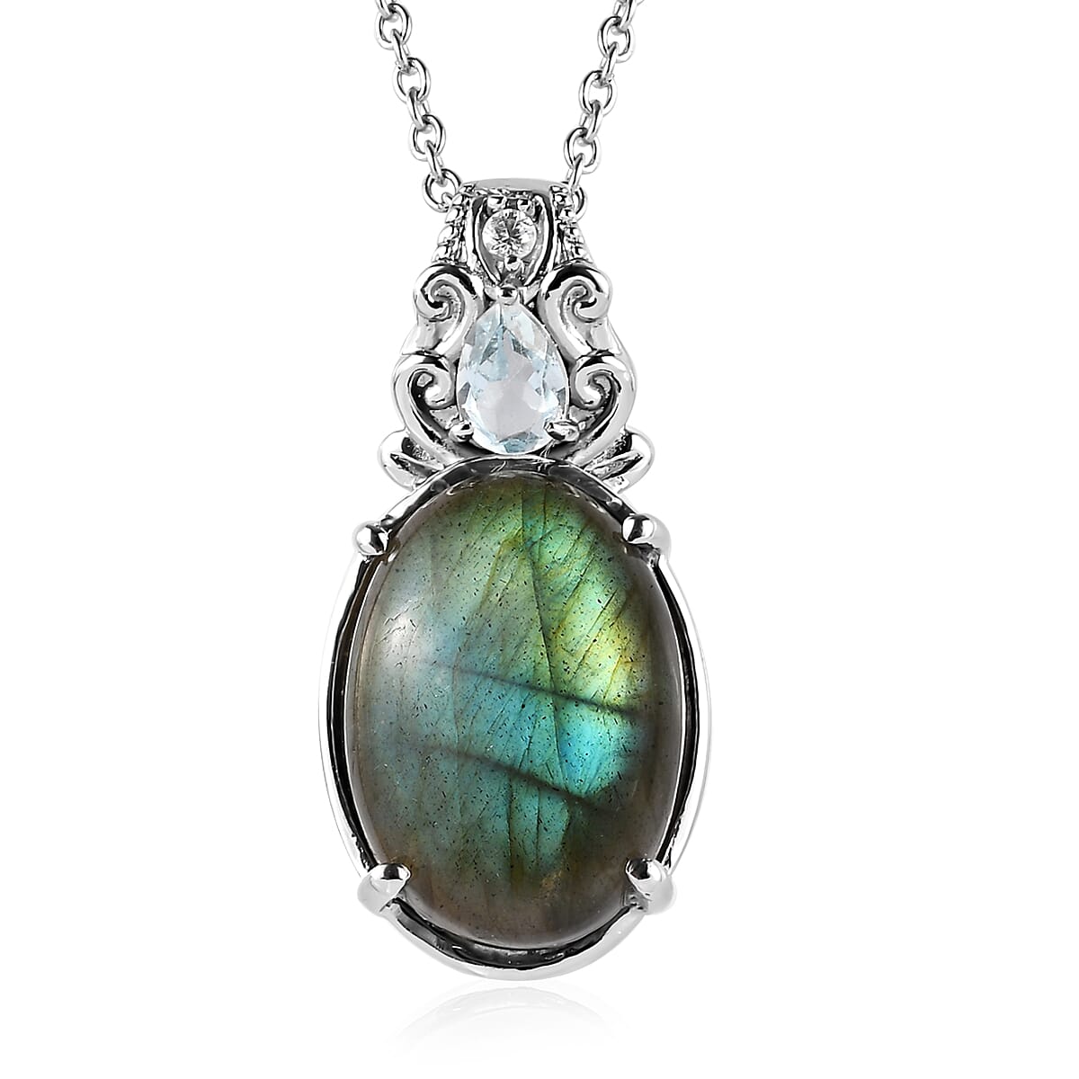 Malagasy Labradorite and Multi Gemstone Pendant Necklace 20 Inches in Stainless Steel 13.30 ctw image number 0