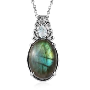 Malagasy Labradorite and Multi Gemstone Pendant Necklace 20 Inches in Stainless Steel 13.30 ctw