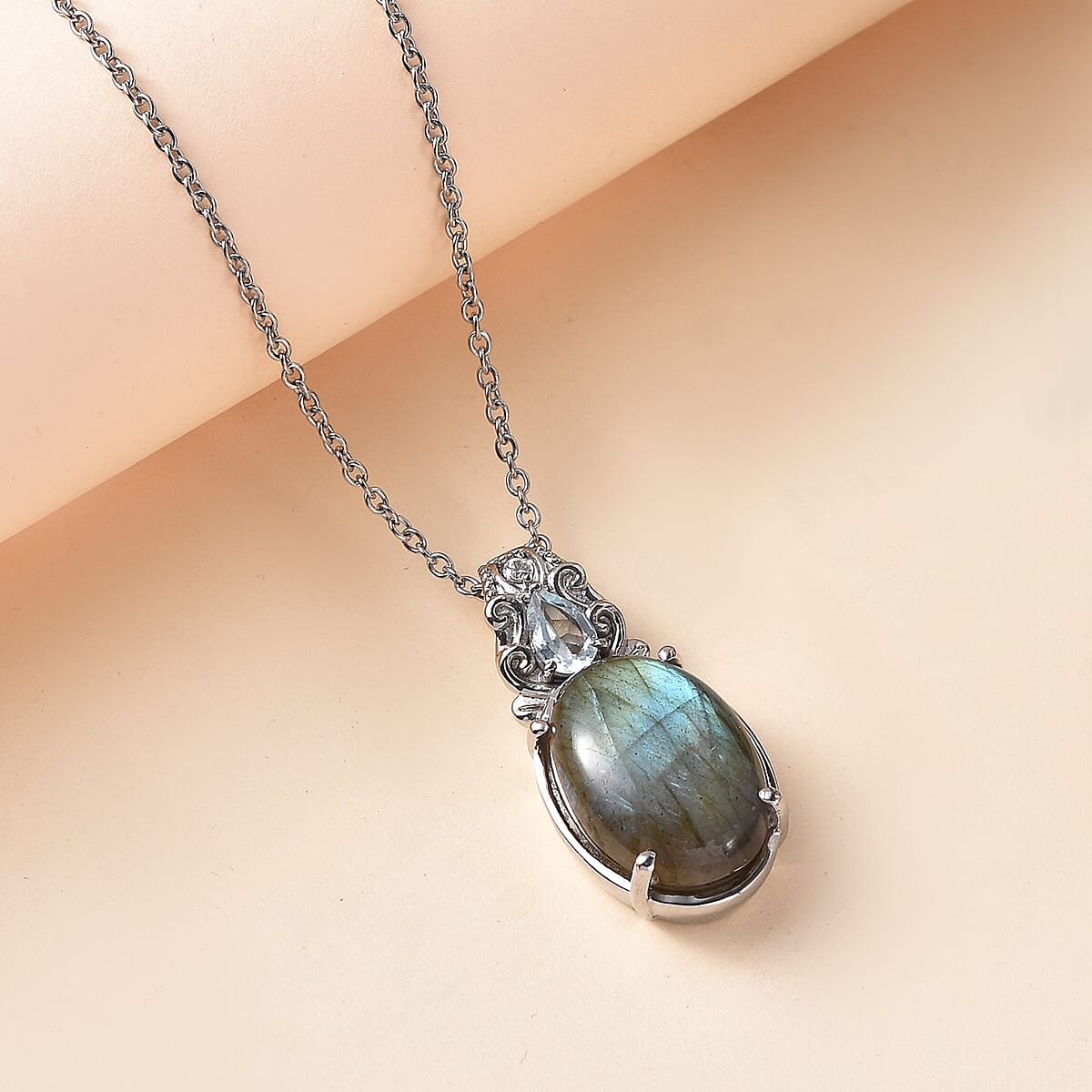 Malagasy Labradorite and Multi Gemstone Pendant Necklace 20 Inches in Stainless Steel 13.30 ctw image number 1
