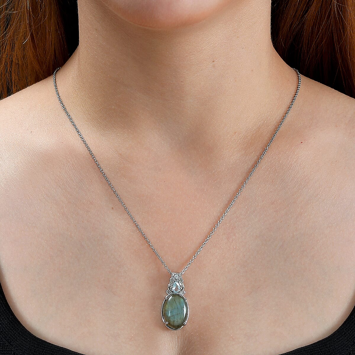 Malagasy Labradorite and Multi Gemstone Pendant Necklace 20 Inches in Stainless Steel 13.30 ctw image number 2