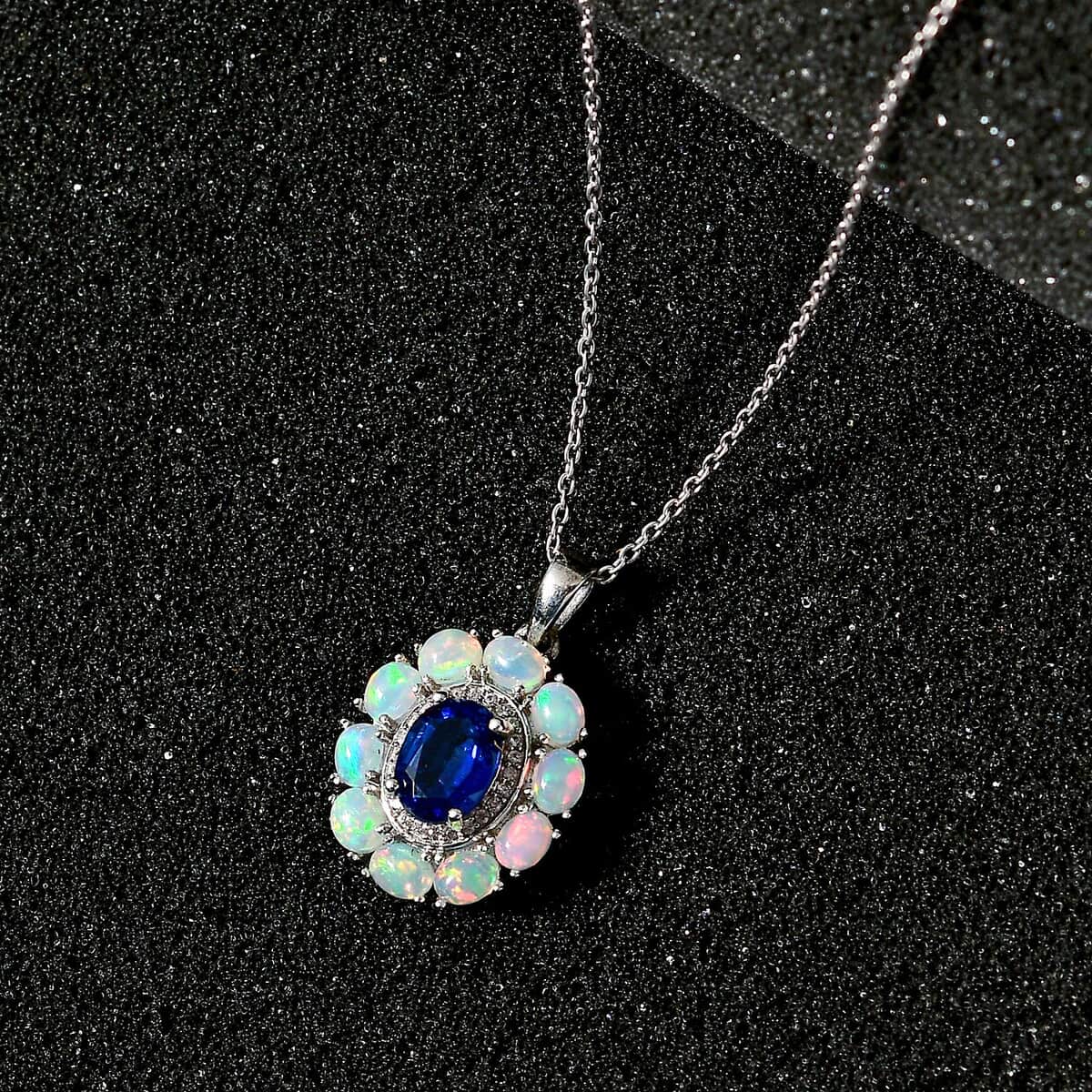 Kashmir Kyanite and Multi Gemstone Double Halo Pendant Necklace 20 Inches in Platinum Over Sterling Silver 3.00 ctw image number 2