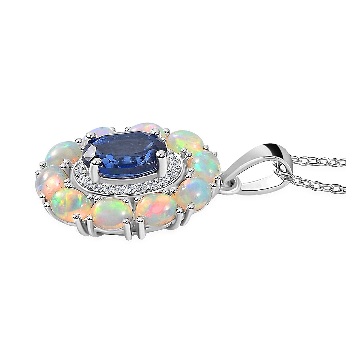 Kashmir Kyanite and Multi Gemstone Double Halo Pendant Necklace 20 Inches in Platinum Over Sterling Silver 3.00 ctw