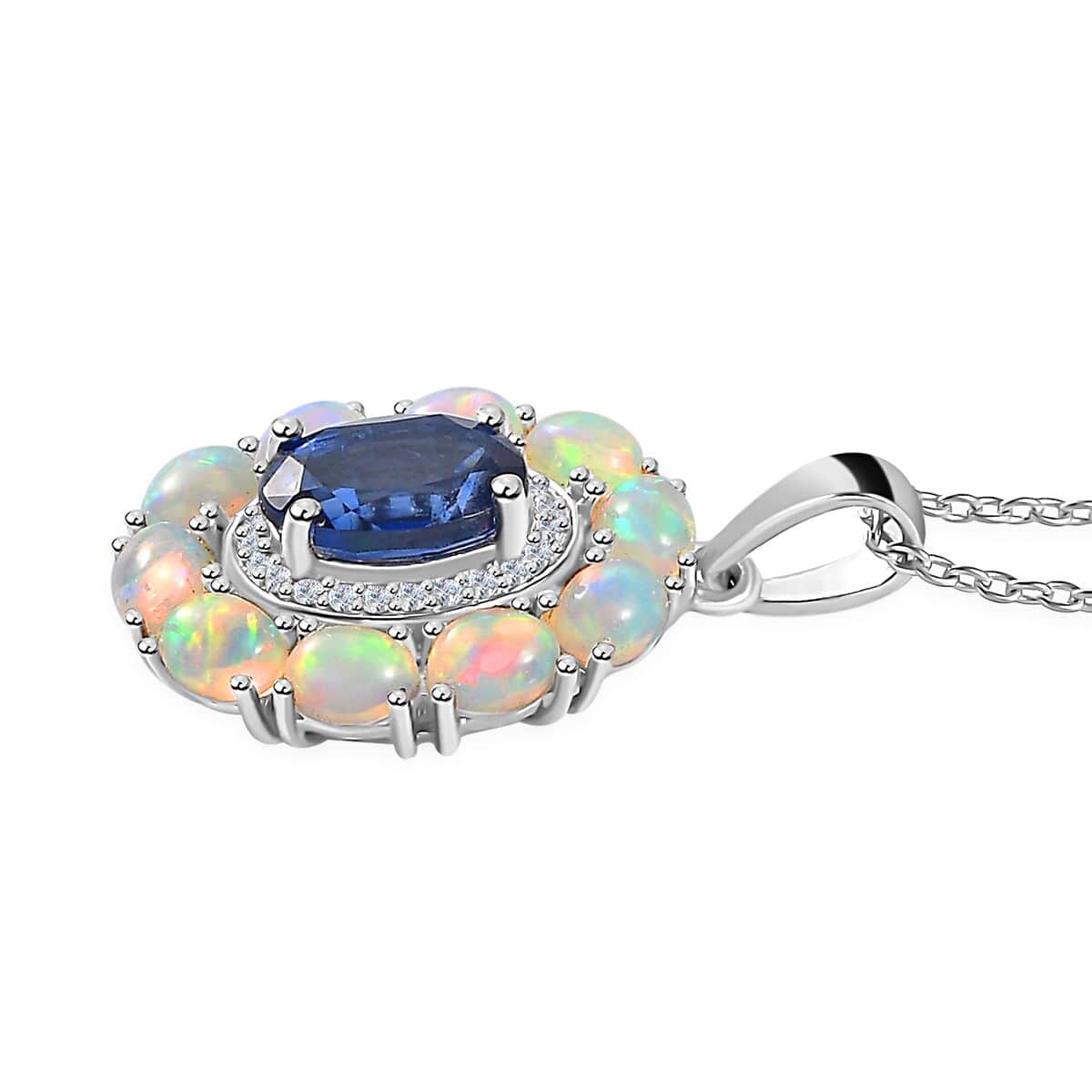 Kashmir Kyanite and Multi Gemstone Double Halo Pendant Necklace 20 Inches in Platinum Over Sterling Silver 3.00 ctw image number 4