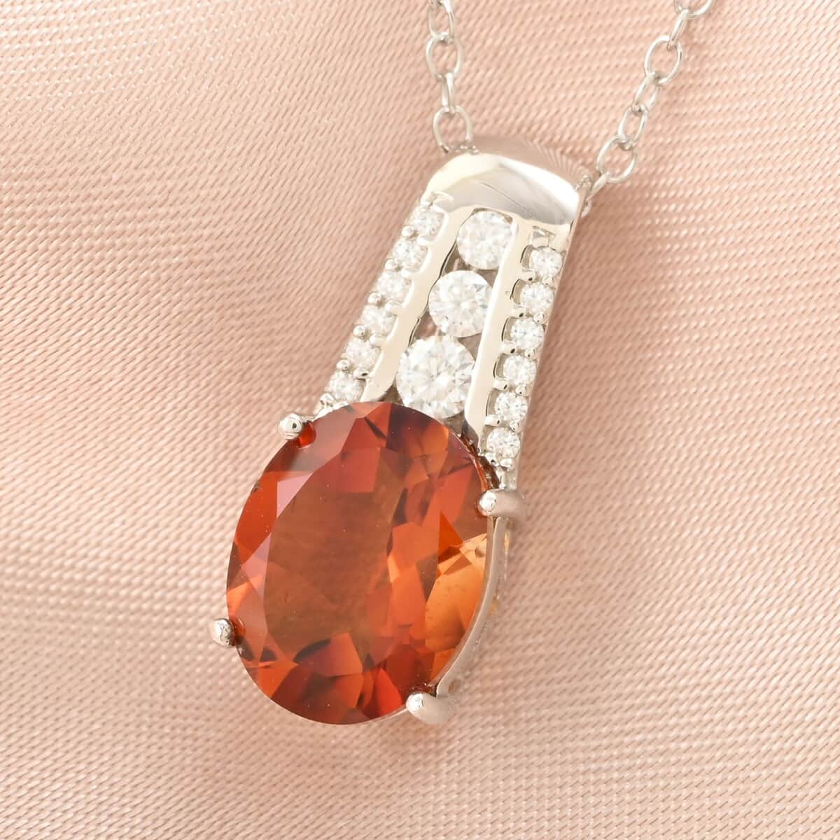 Brazilian Cherry Citrine and Moissanite Pendant Necklace 18 Inches in Platinum Over Sterling Silver 2.50 ctw image number 1
