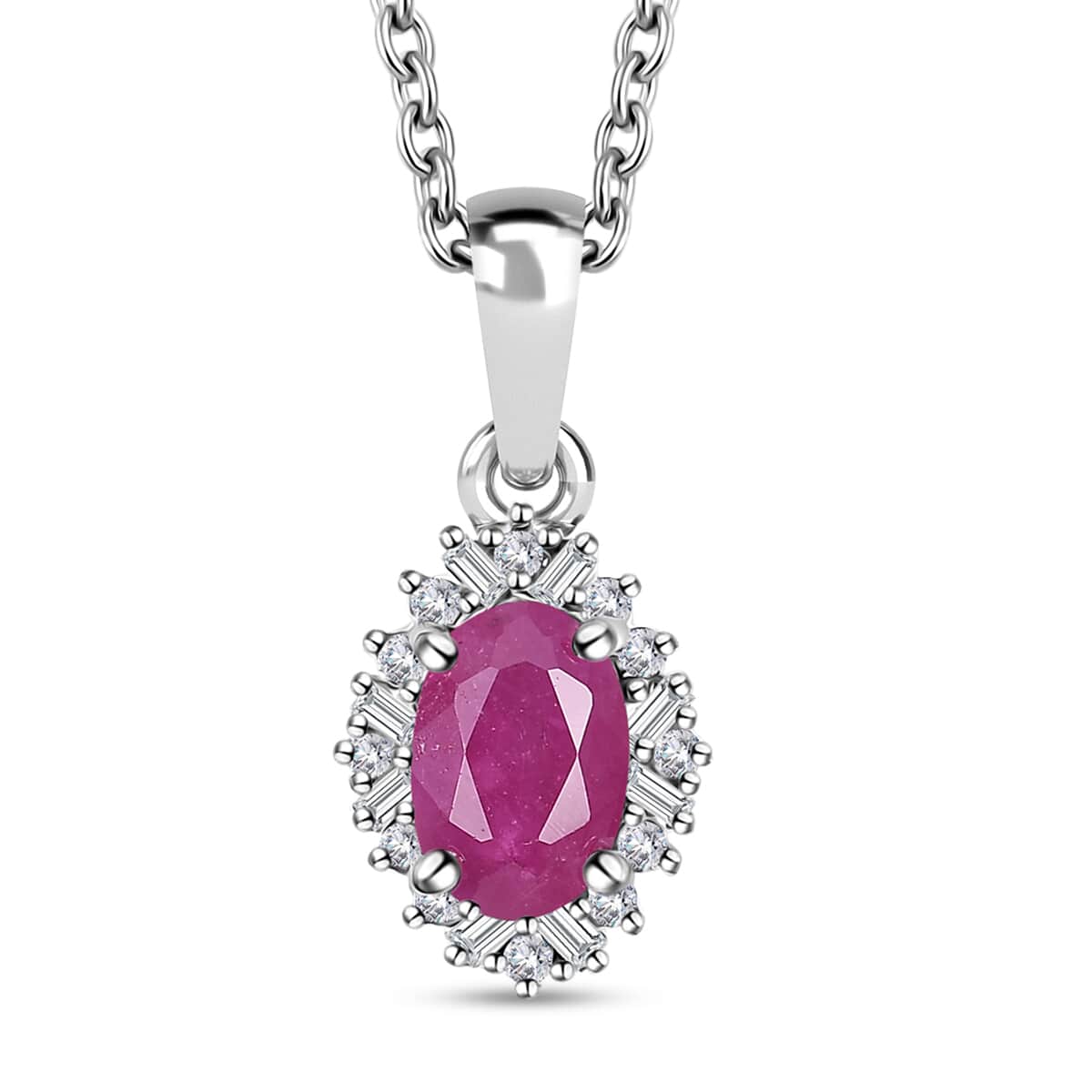 Premium Taveta Ruby and White Diamond Halo Pendant Necklace 20 Inches in Platinum Over Sterling Silver 0.75 ctw image number 0